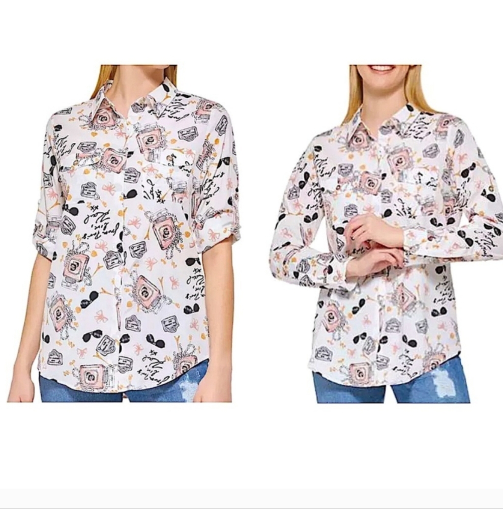 Karl Lagerfeld Paris Whimsical Signature-Printed Blouse Long Roll-Tab Sleeves L - Picture 11 of 12